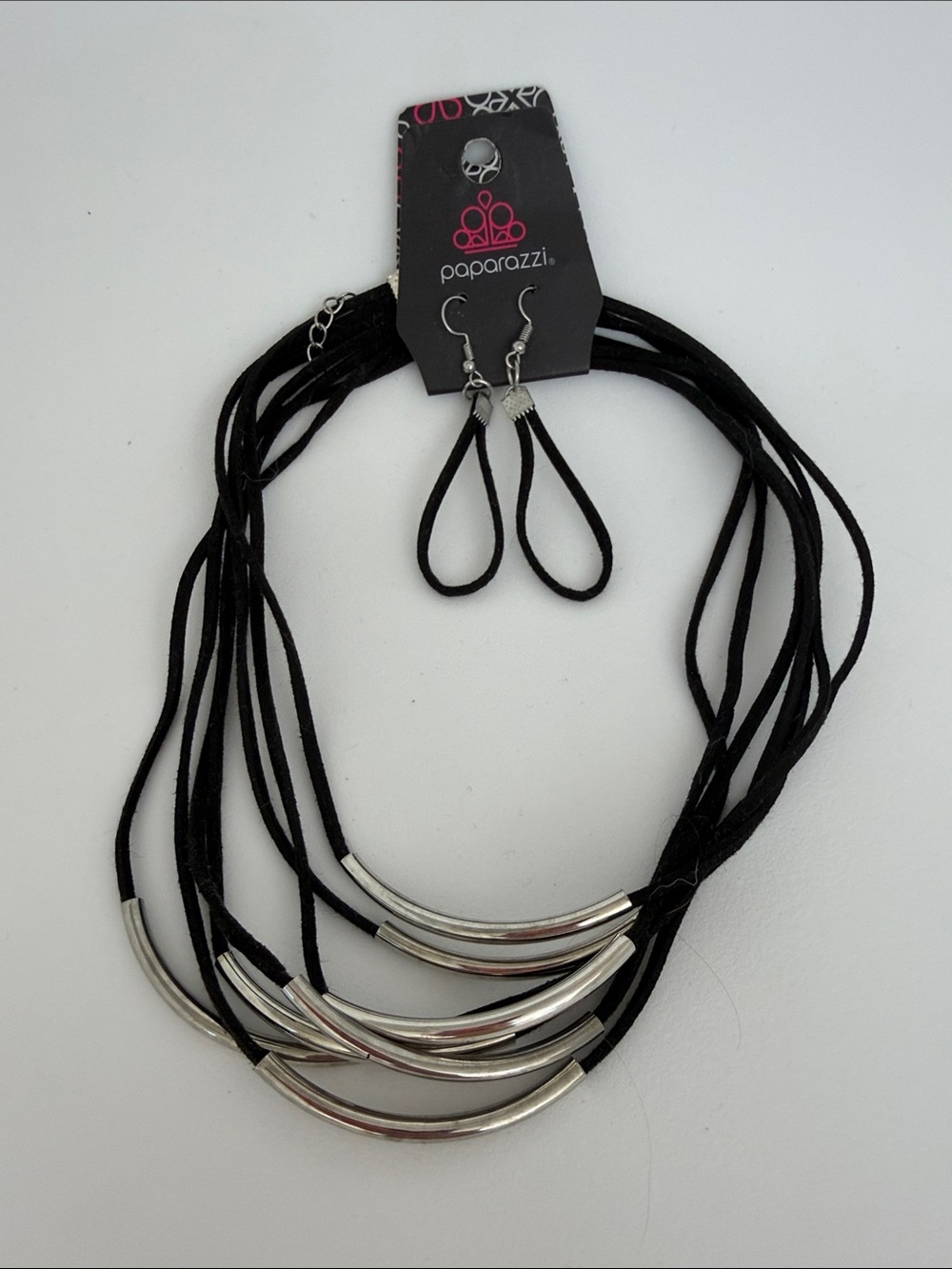 paparazzi Black Multi-Strand Necklace with Silver Curved Tubes and Loop Earrings